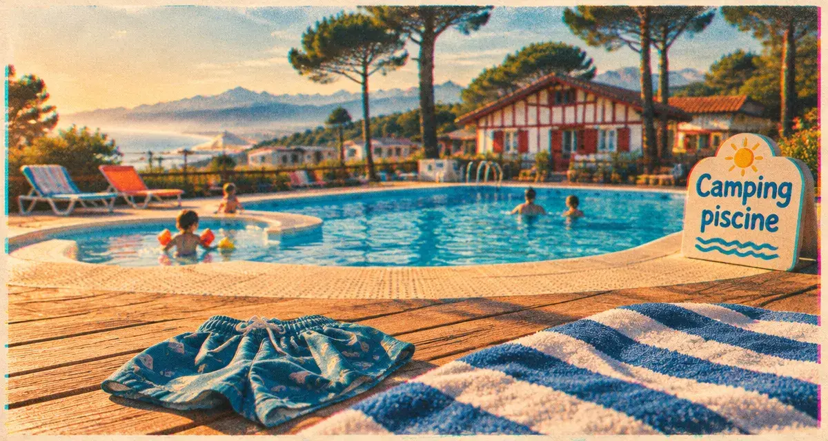 Camping familial pays basque avec piscine : vue terrasse, piscine et pataugeoire pour baignades calmes