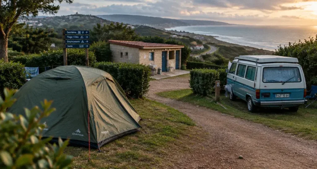 Camping municipal Pays basque : tente et van près de l’océan
