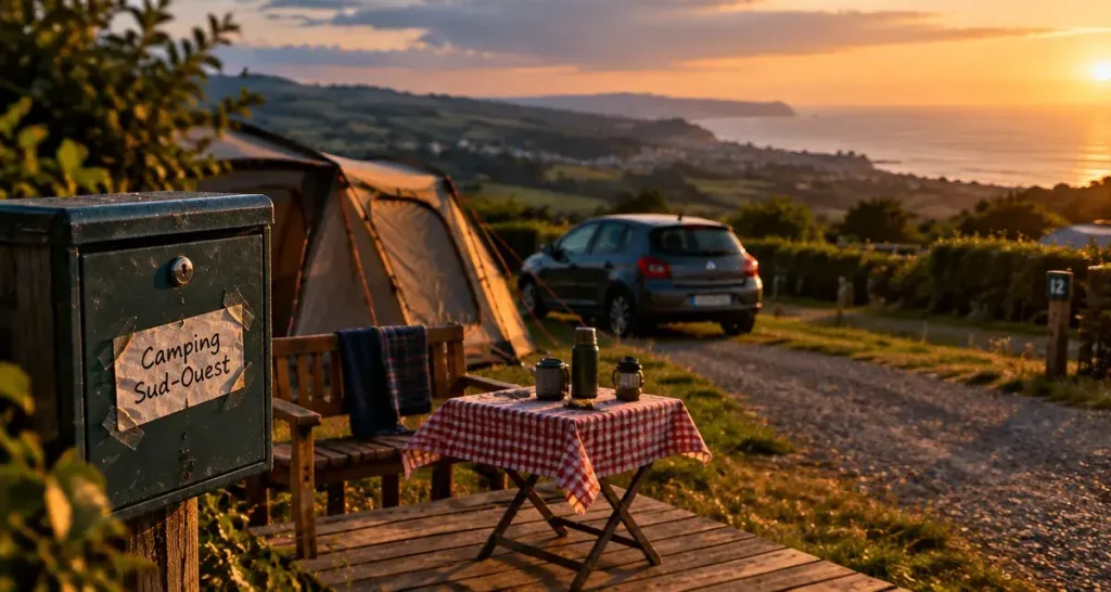 Camping sud-ouest pays basque : terrasse d’un camping au golden hour