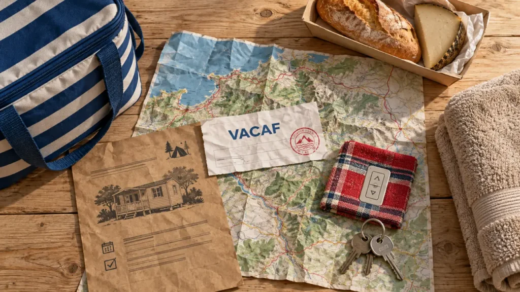 Camping vacaf pays basque : vue table vacances famille avec carte, réservation et bord de mer