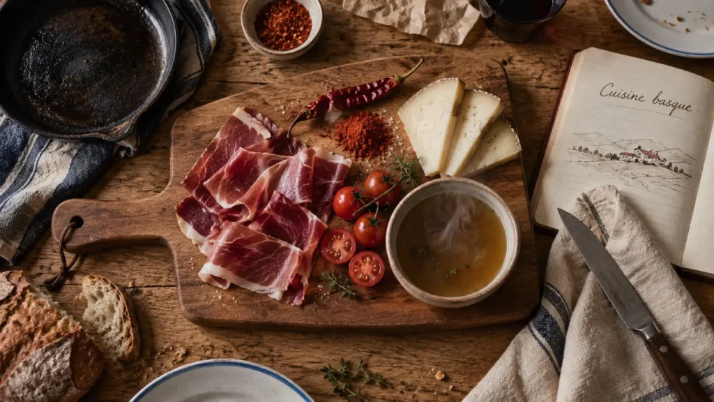 Cuisine du terroir pays basque à domicile, ingrédients basques sur table