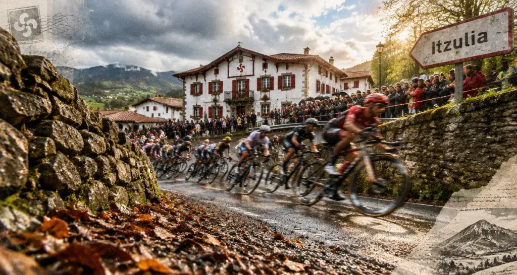 Cyclisme tour du pays basque : peloton près d’un virage basque et maisons blanches Itzulia