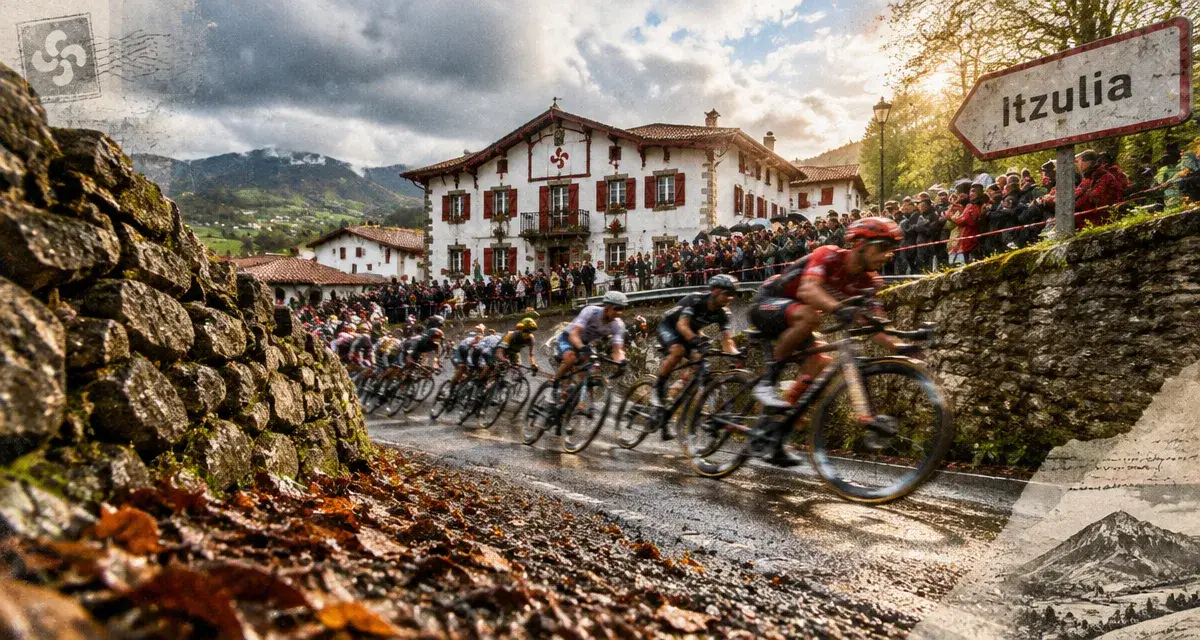 Cyclisme tour du pays basque : peloton près d’un virage basque et maisons blanches Itzulia