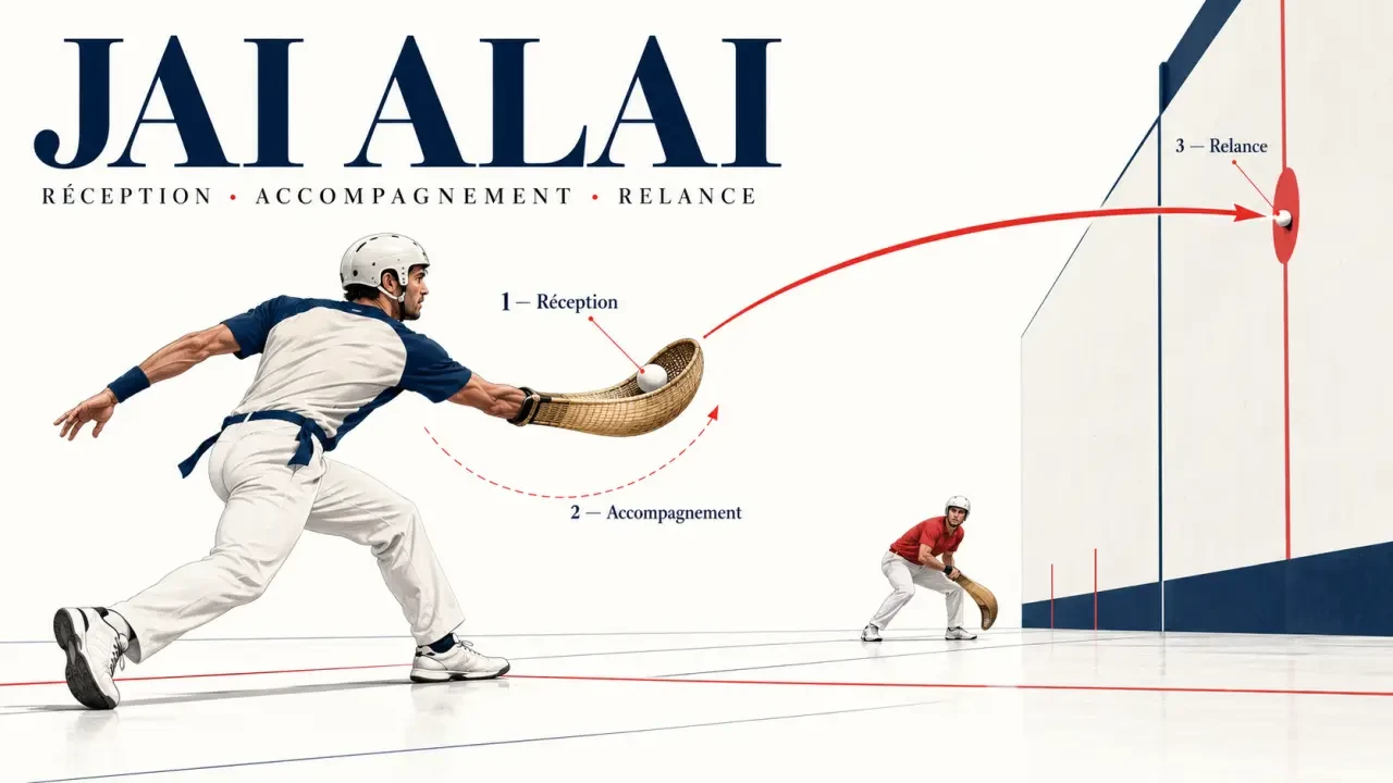 Jai alai sport basque : réception et relance de la balle avec une cesta dans un fronton