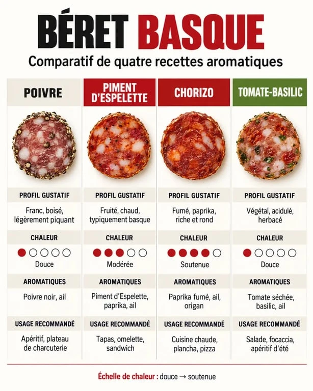 Comparatif visuel des variantes de béret basque en charcuterie au poivre, au piment d’Espelette, au chorizo et à la tomate-basilic