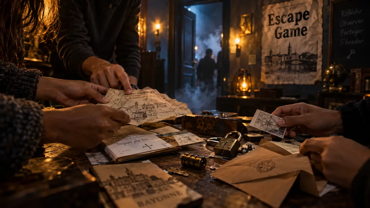 Escape game pays basque : groupe compare des indices en salle