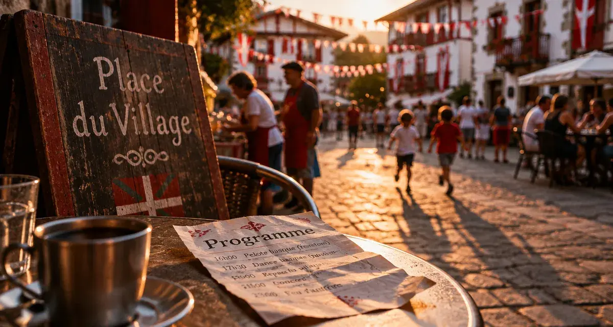 Fetes villages pays basque : programme et panneau à l’entrée de la place du village