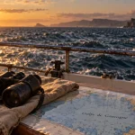 Golfe de Gascogne tourisme : bateau, jumelle et océan Atlantique, horizon Bretagne-Côte basque