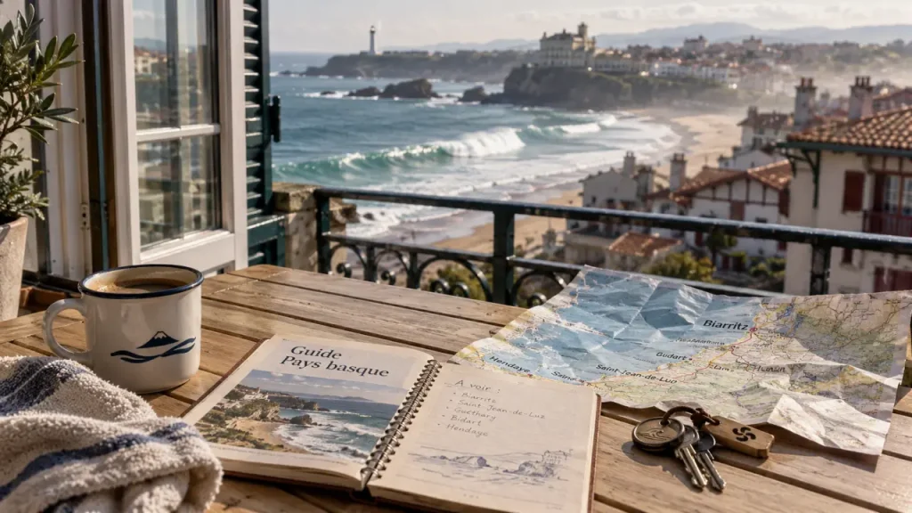 Hébergement pays basque : table, carte et vue sur la baie de Biarritz