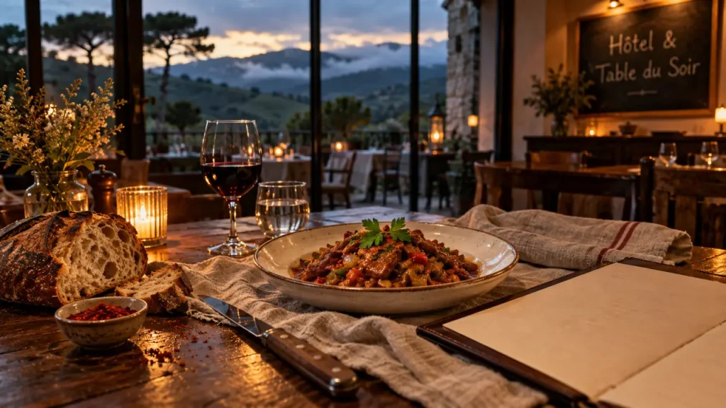 Hotel restaurant pays basque : table de restaurant avec vue sur les collines et le littoral