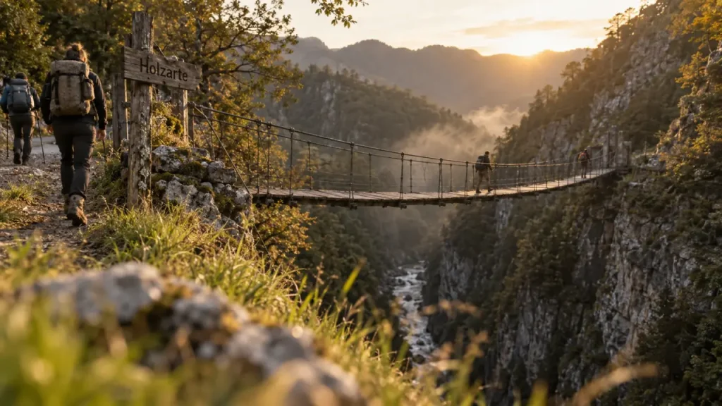 La soule pays basque : passerelle Holzarte, route de montagne et marcheurs