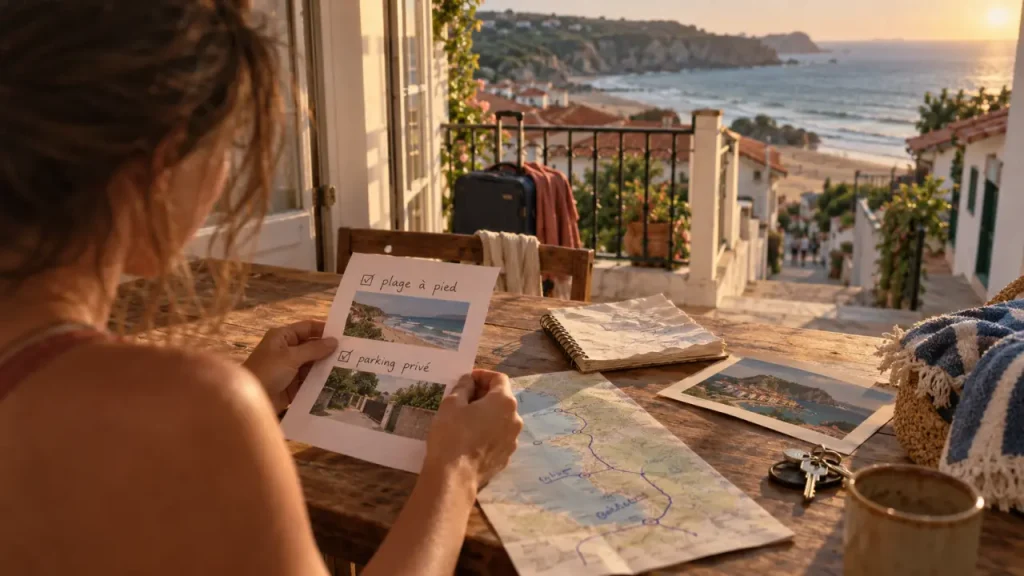 Location appartement Pays basque : femme compare plage et parking près fenêtre, clés et itinéraire
