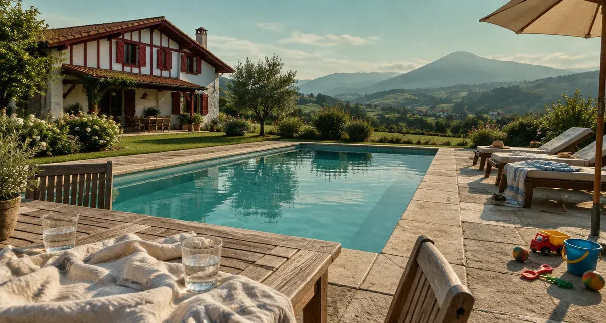 Location pays basque avec piscine : terrasse, piscine privée et maison basque
