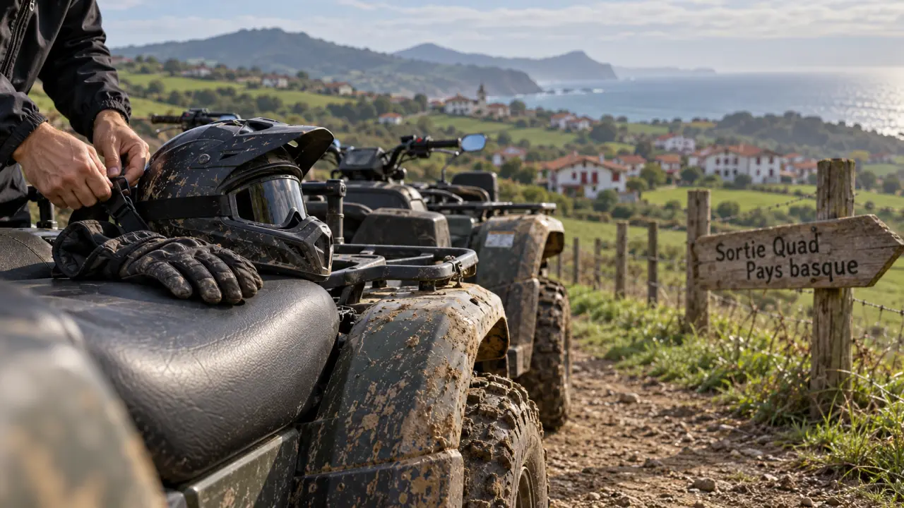 Location quad Pays basque : quads homologués sur chemin de terre, guide ajuste la sangle