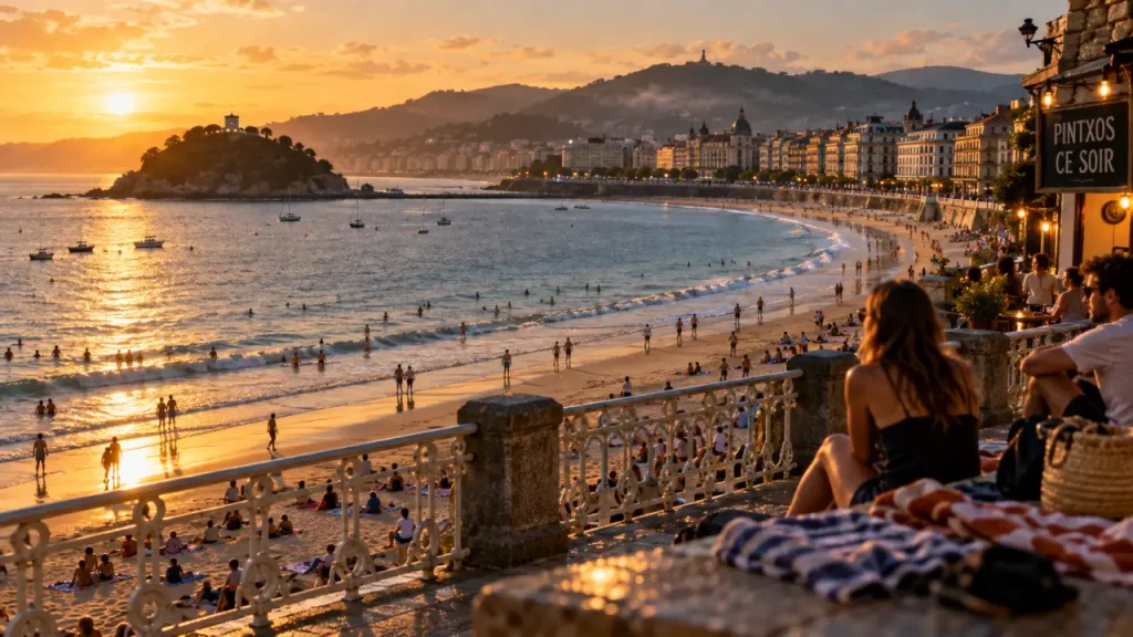 Pays basque san sebastian, plage de La Concha au coucher du soleil