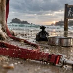 Plages pays basque chiens autorisés : laisse rouge sur sable humide avec pictogramme