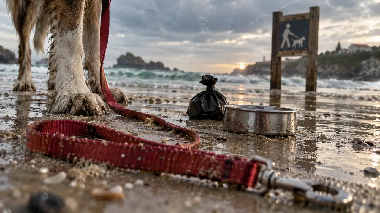 Plages pays basque chiens autorisés : laisse rouge sur sable humide avec pictogramme