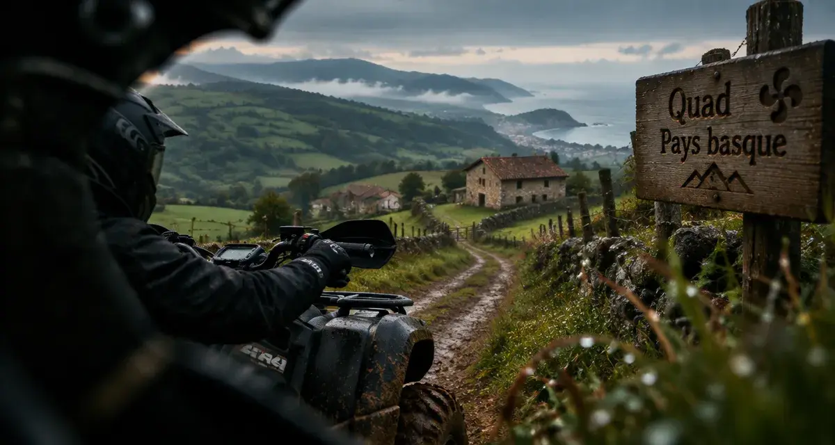 Quad pays basque sur chemin agricole, pilote en casque, panorama et pistes