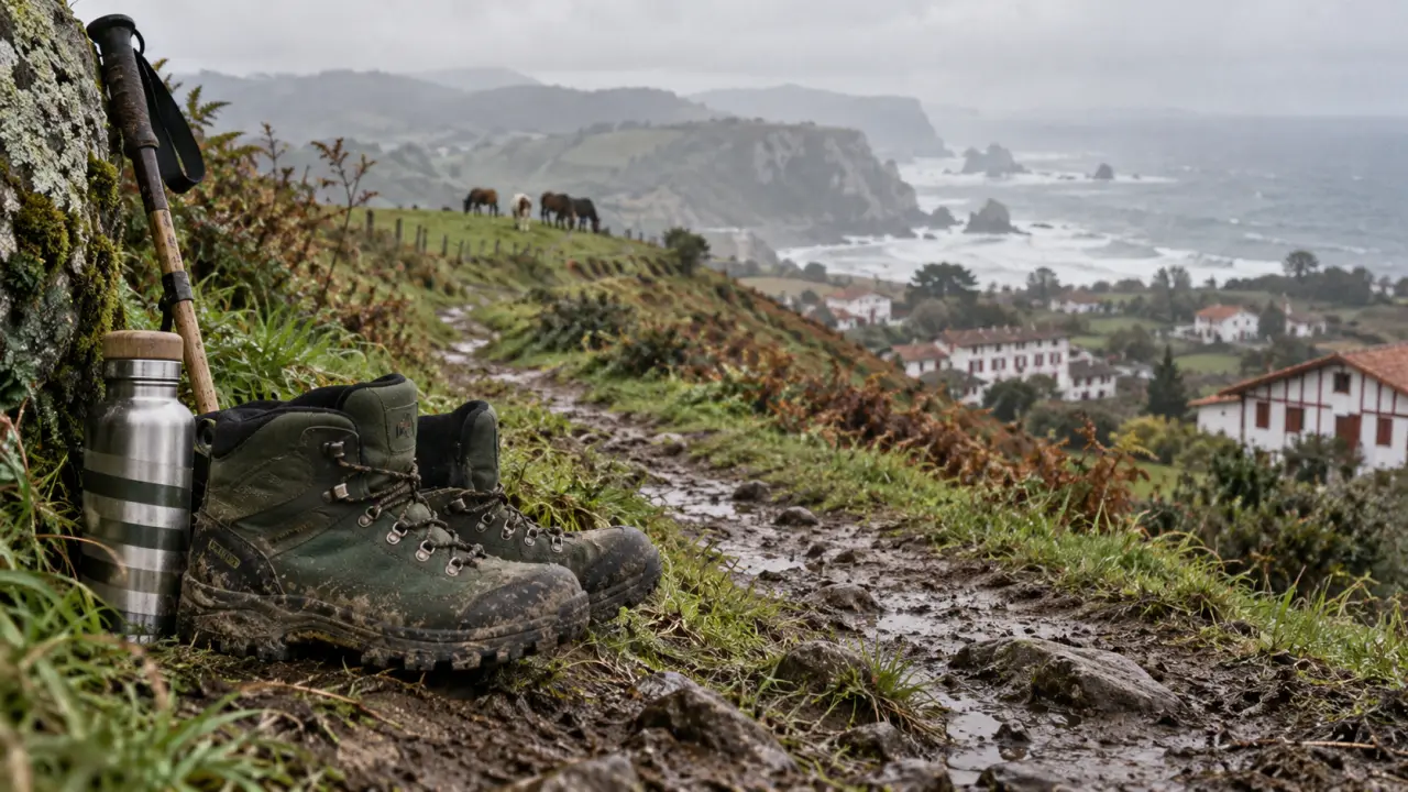 Randonne pays basque : chaussures de randonnée sur sentier humide vers la crête