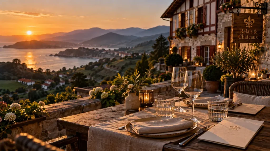 Relais chateau pays basque : terrasse à la golden hour sur la côte