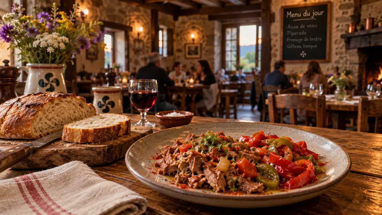 Restaurant pays basque interieur : axoa et piperade en salle d’auberge, menu du jour