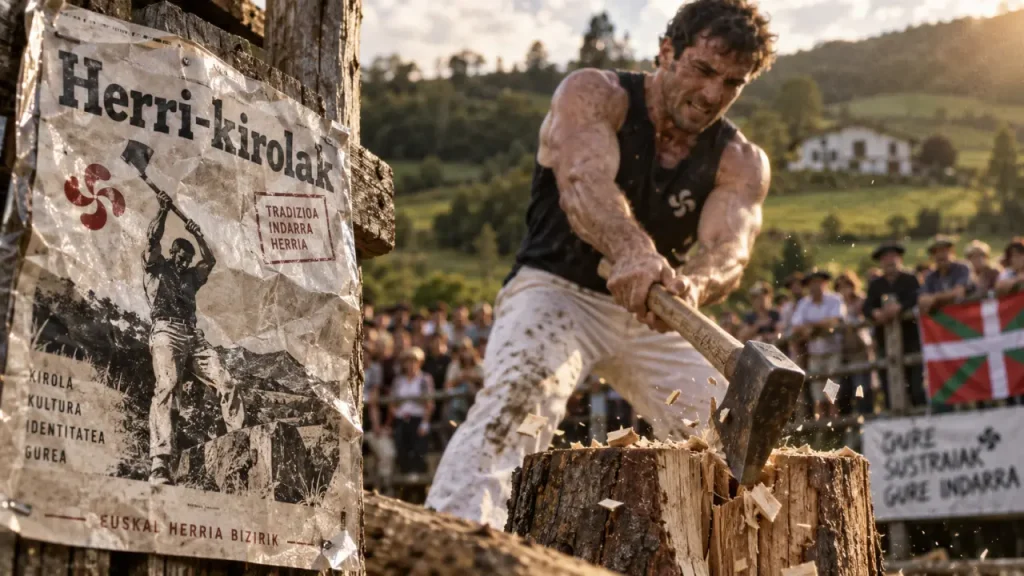 basque rural sports : Herri-kirolak, affiche et aizkolari avec hache