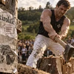 basque rural sports : Herri-kirolak, affiche et aizkolari avec hache