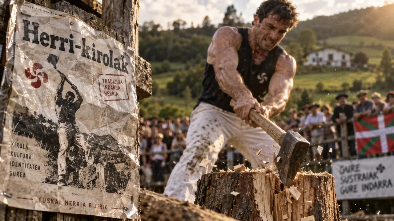basque rural sports : Herri-kirolak, affiche et aizkolari avec hache