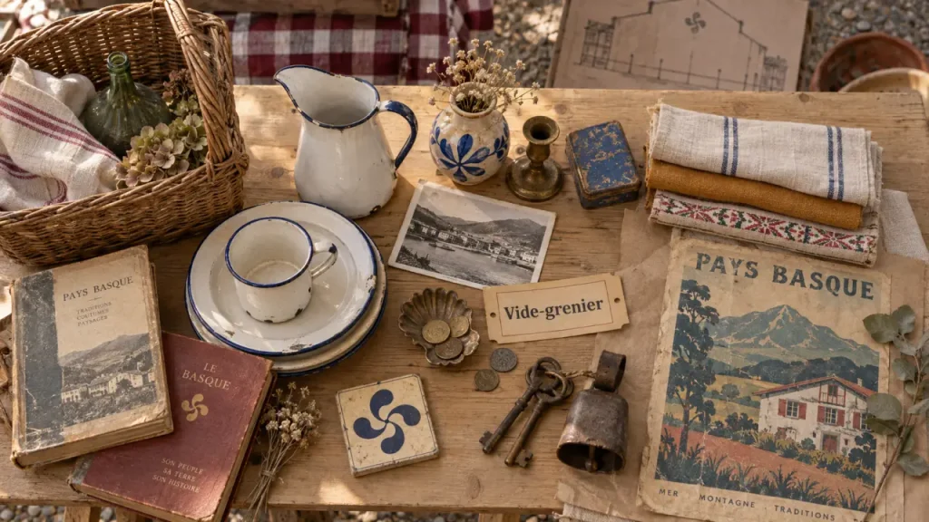 Vide grenier pays basque, chiner tôt : objets et vaisselle sur table