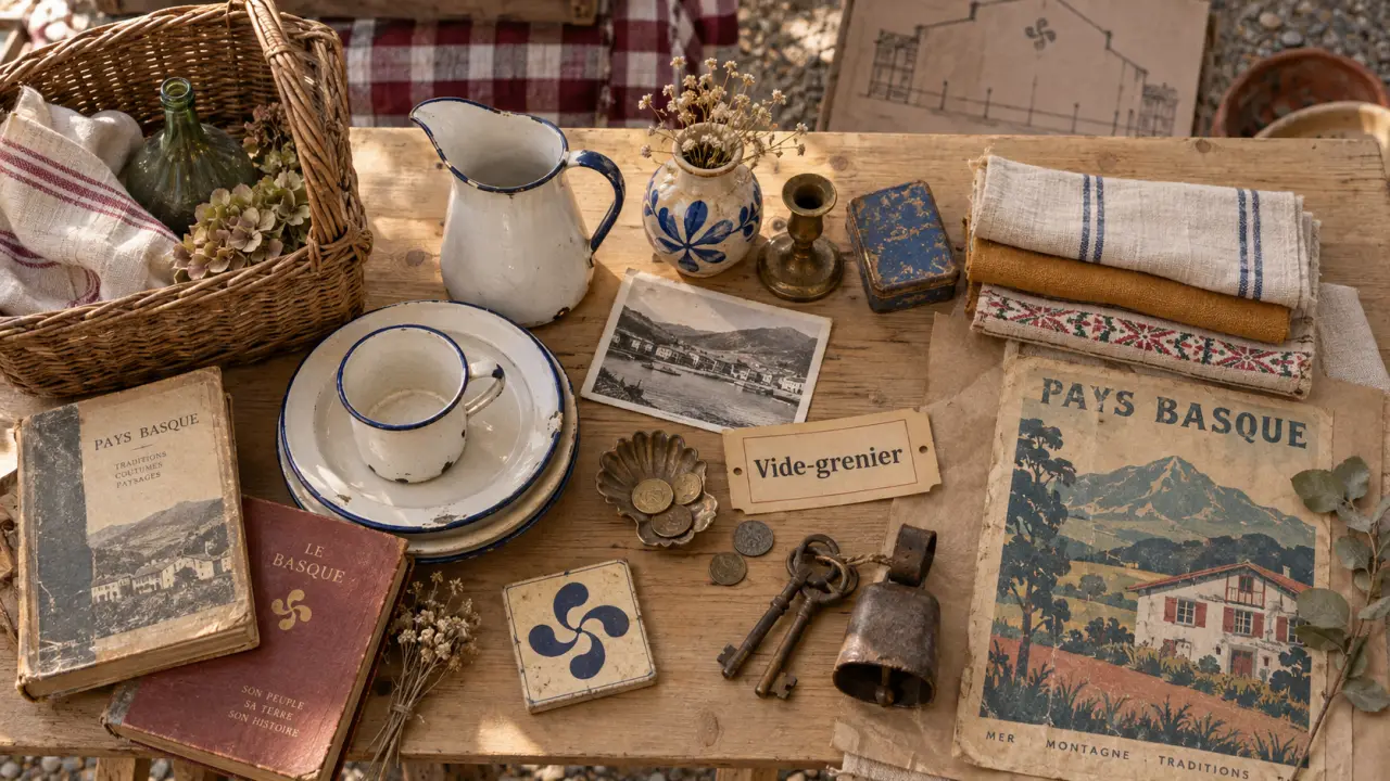 Vide grenier pays basque, chiner tôt : objets et vaisselle sur table
