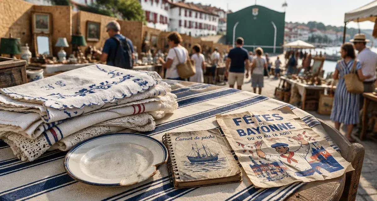 Vide greniers pays basque : linge basque et chineurs sur stands